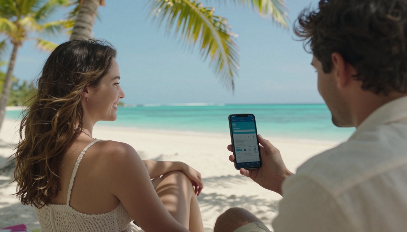 Happy couple on tropical beach vacation with woman viewing travel itinerary flipbook on smartphone