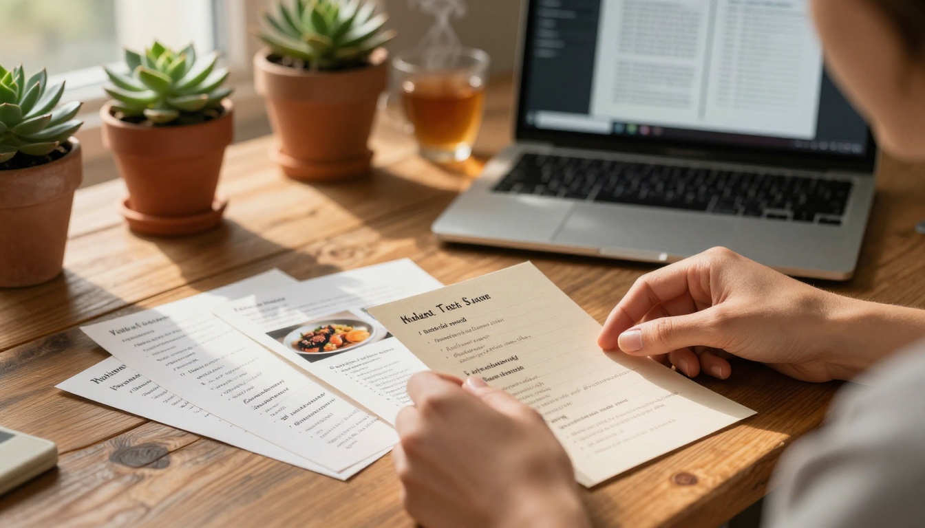 Close-up of hands arranging recipe cards on a wooden desk beside a laptop with cookbook layout software