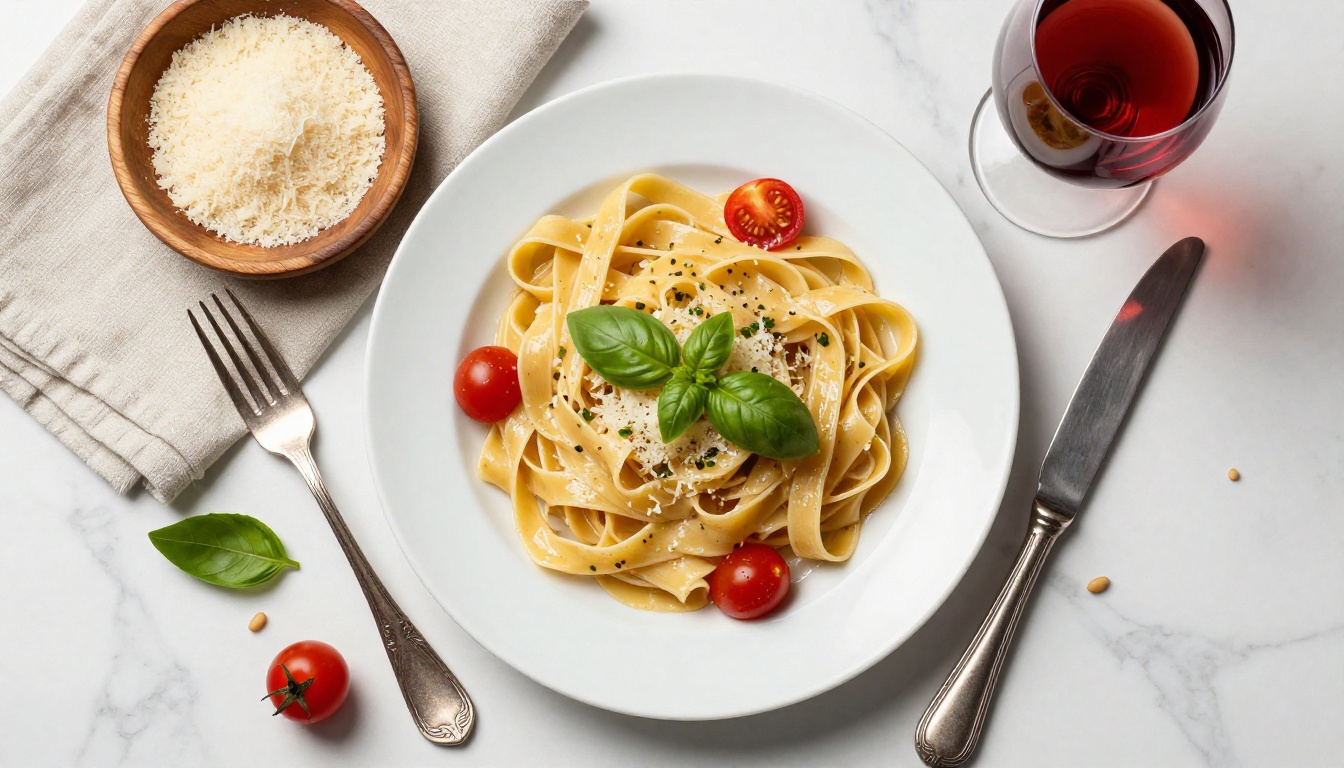 Overhead flat-lay of a beautifully plated pasta dish on white marble with fresh basil and parmesan