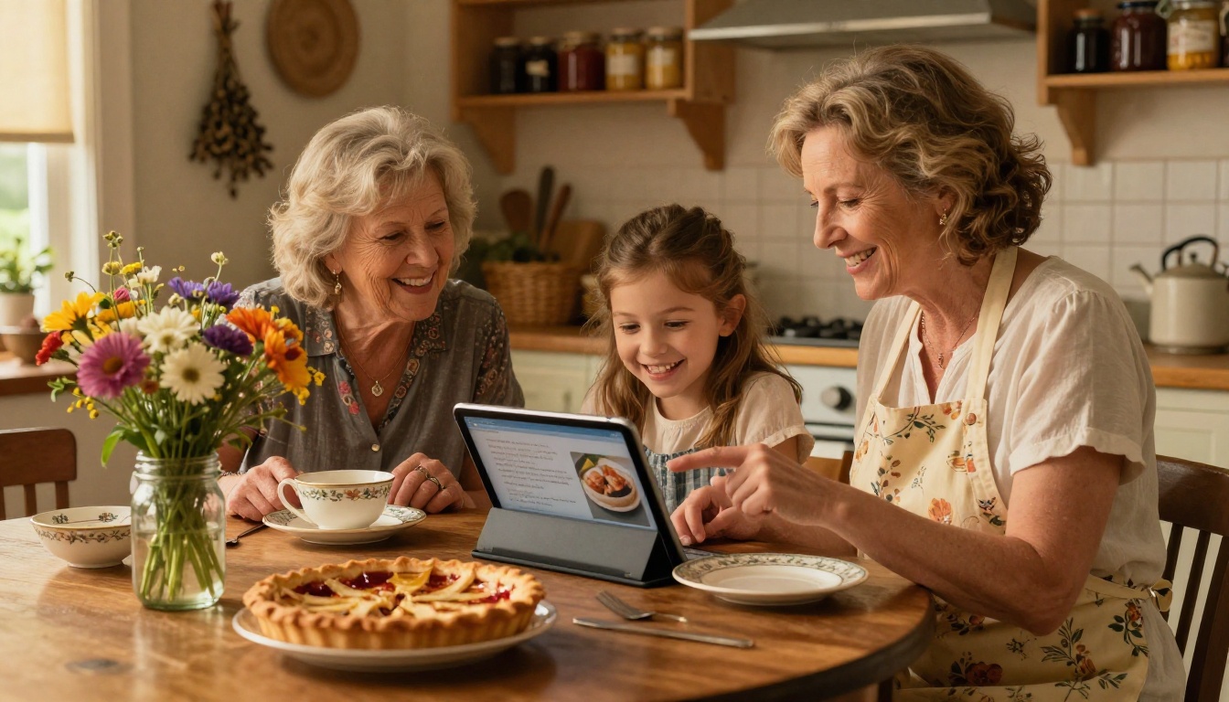 A family of three generations gathered around a kitchen table sharing a digital cookbook on a tablet