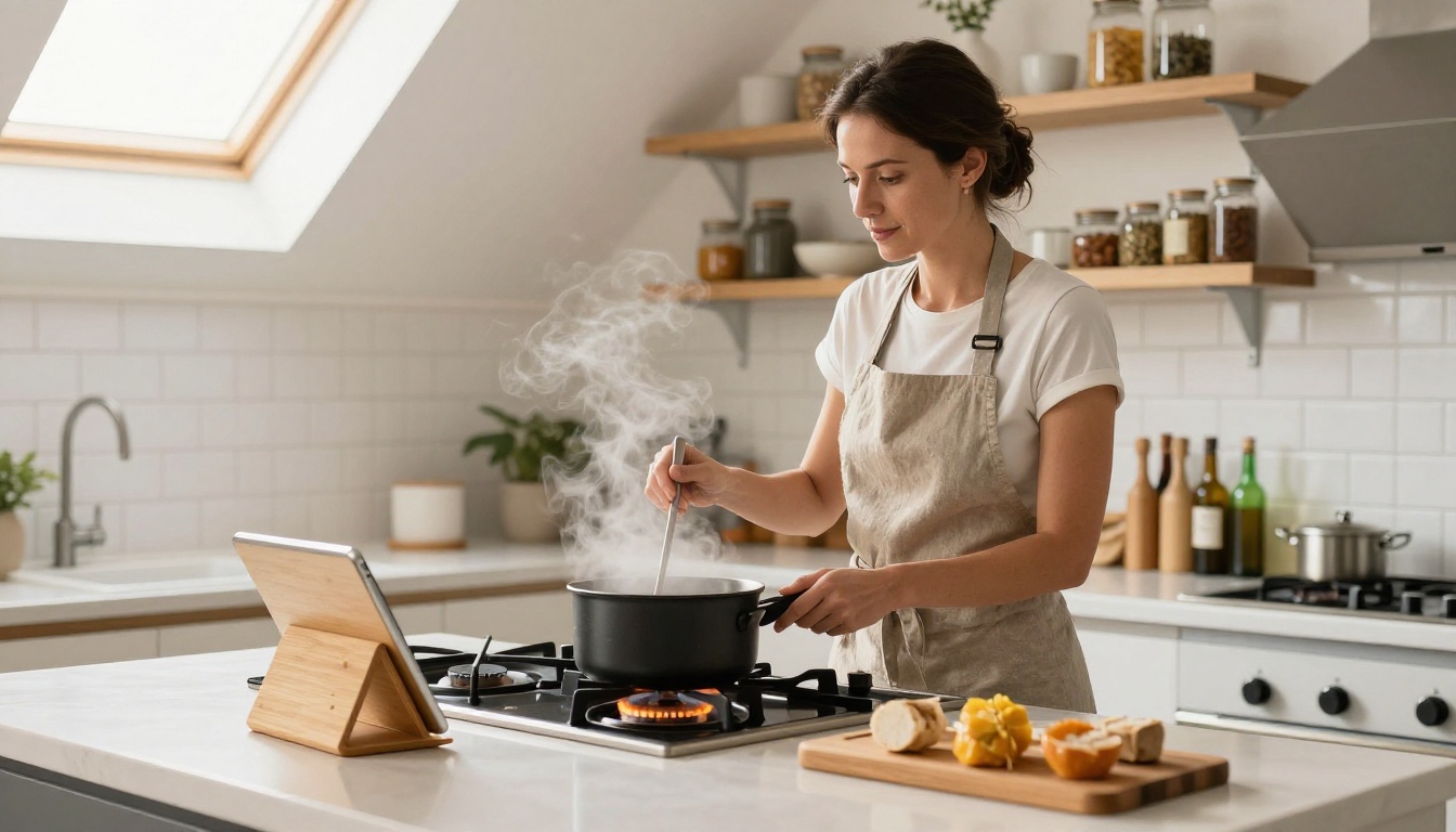 A home cook stirring a pot while following a recipe on a tablet propped beside the stove