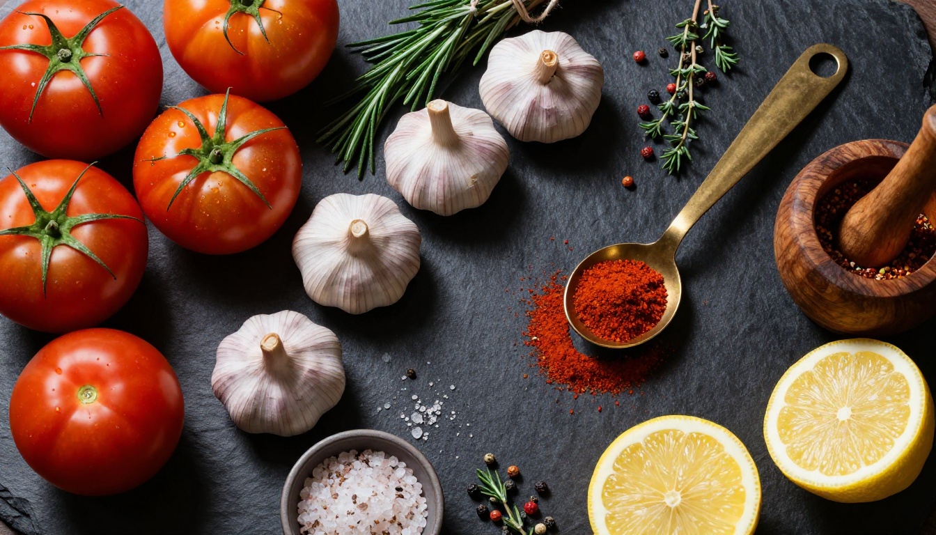 Colorful cooking ingredients arranged artfully on a dark slate surface with dramatic side lighting Colorful cooking ingredients arranged artfully on a dark slate surface with dramatic side lighting