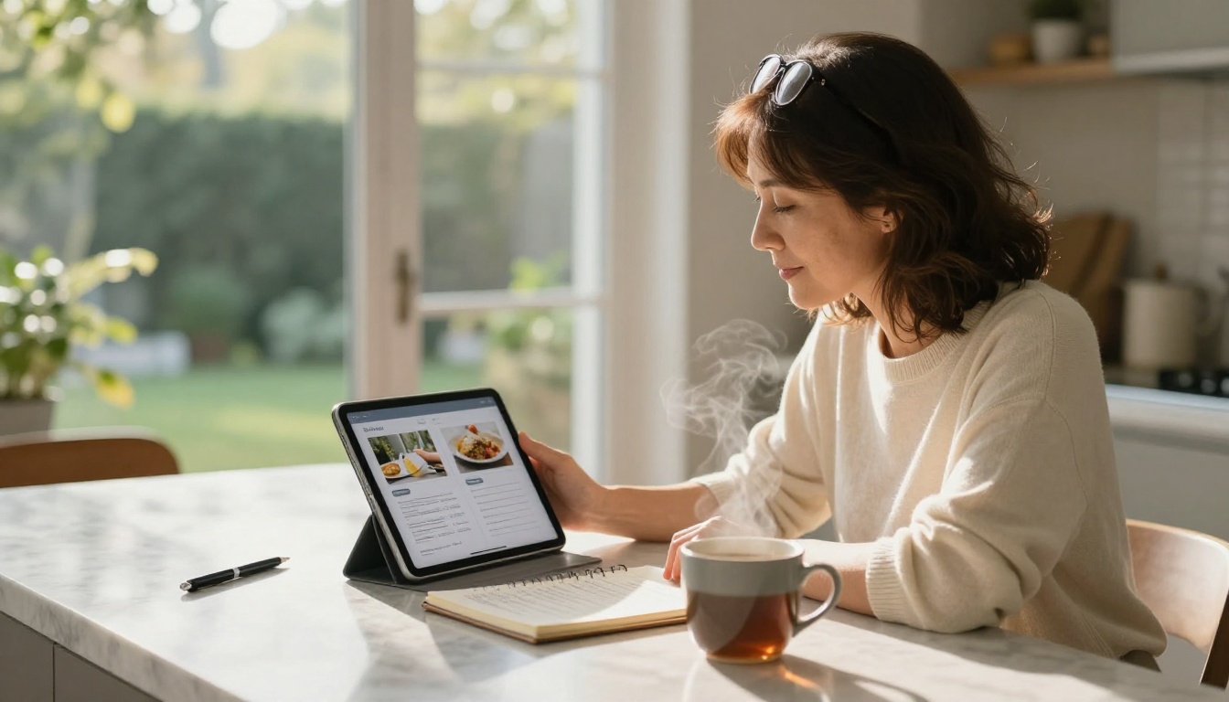 A woman sitting at a kitchen island reading a recipe flipbook on an iPad with morning light streaming in