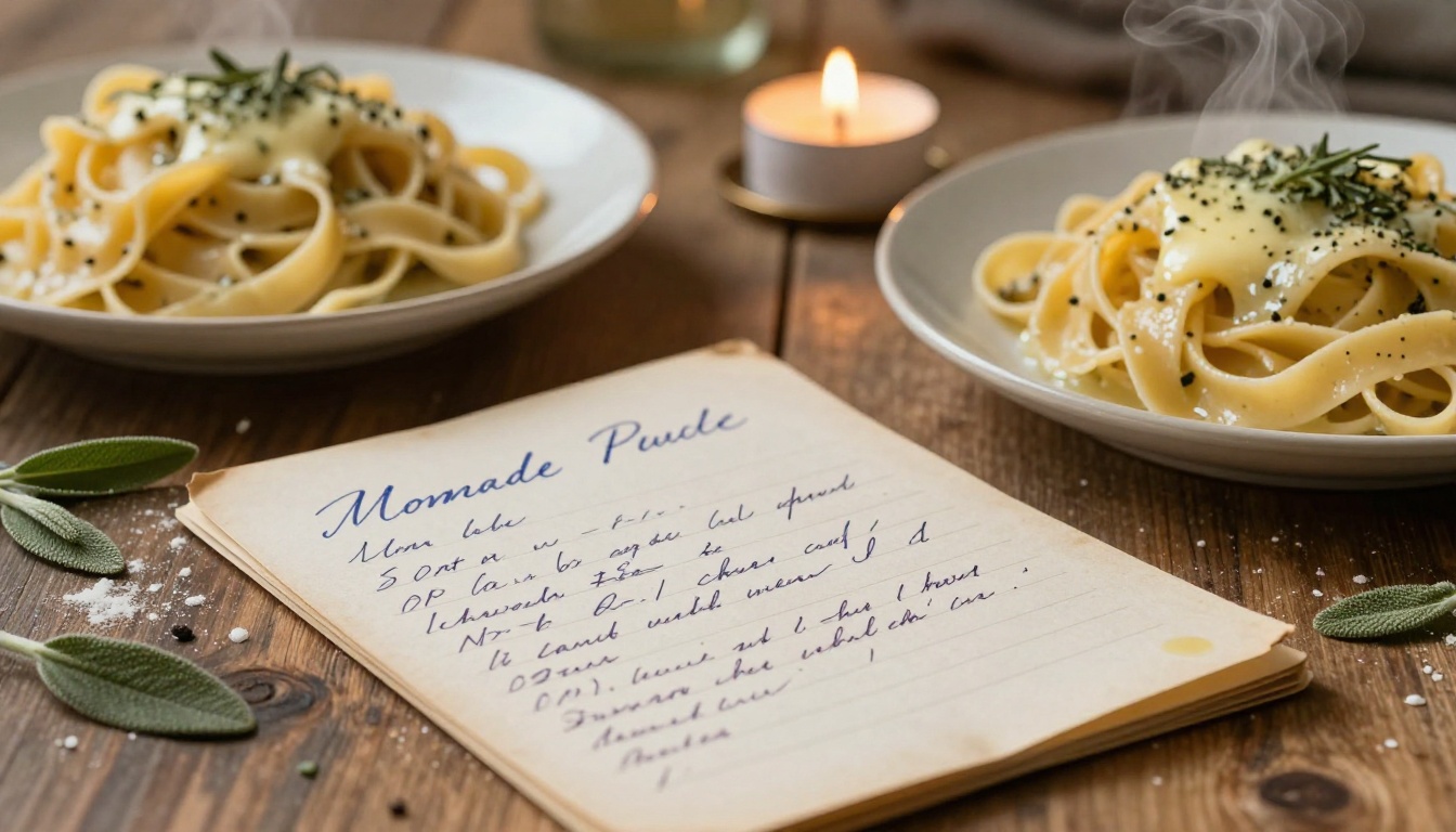 Close-up of a vintage handwritten recipe card beside a plate of tagliatelle in warm candlelight Close-up of a vintage handwritten recipe card beside a plate of tagliatelle in warm candlelight