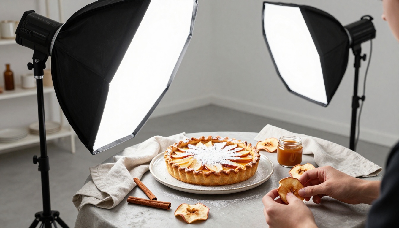Professional food photography studio setup with camera on tripod, styled apple tart, and softbox lights Professional food photography studio setup with camera on tripod, styled apple tart, and softbox lights