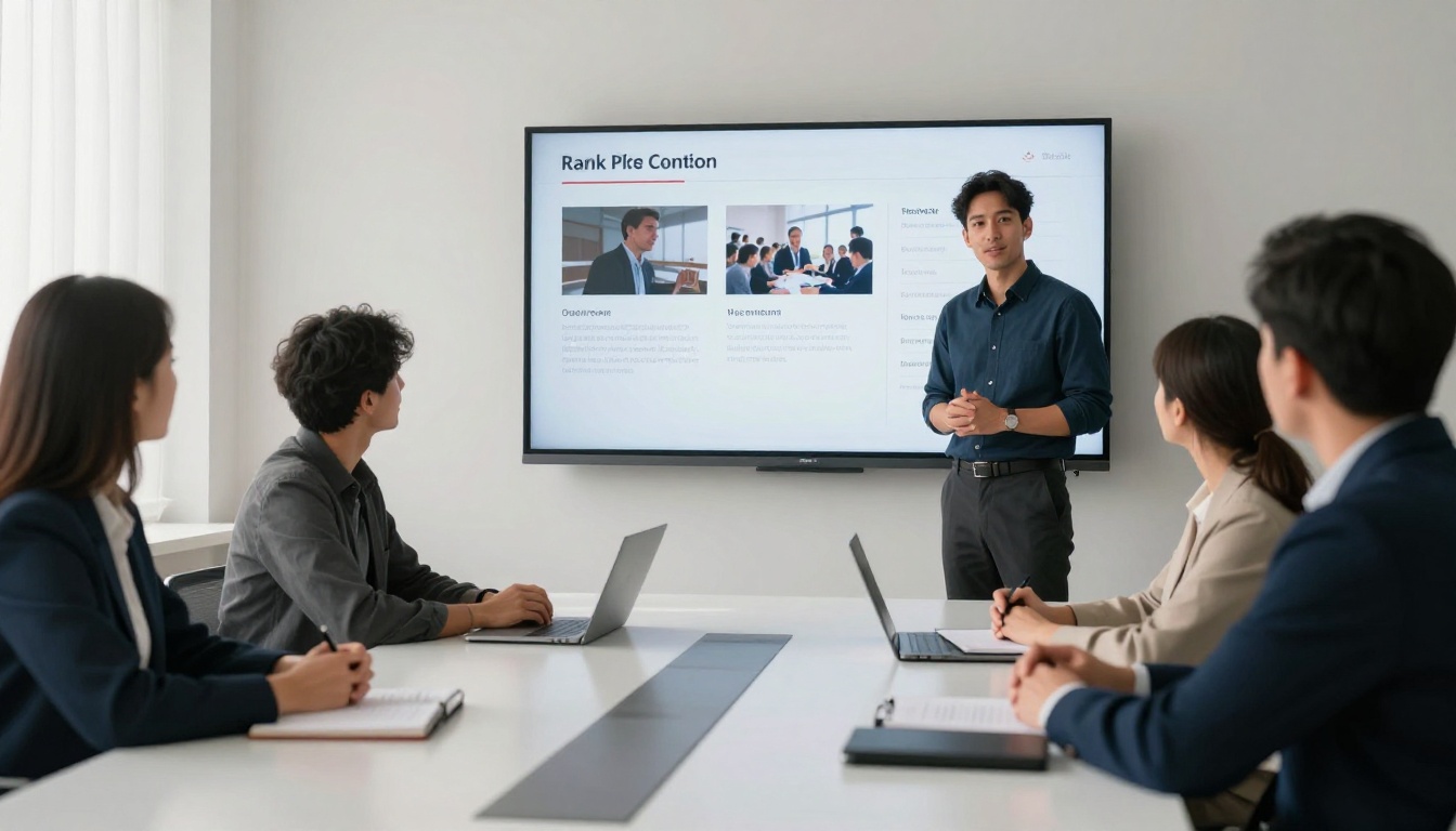 Startup founder presenting a digital flipbook pitch deck to investors in a modern conference room
