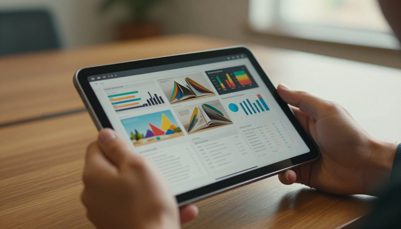 Close-up of manicured hands holding a tablet displaying a colorful interactive flipbook with page curl animation