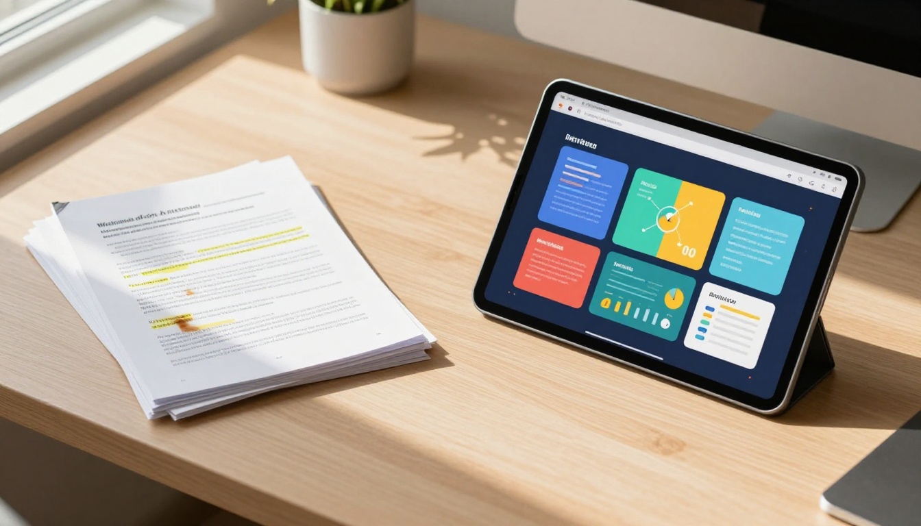 Overhead flat-lay comparing a stack of printed PDF documents with a tablet displaying a vibrant interactive flipbook