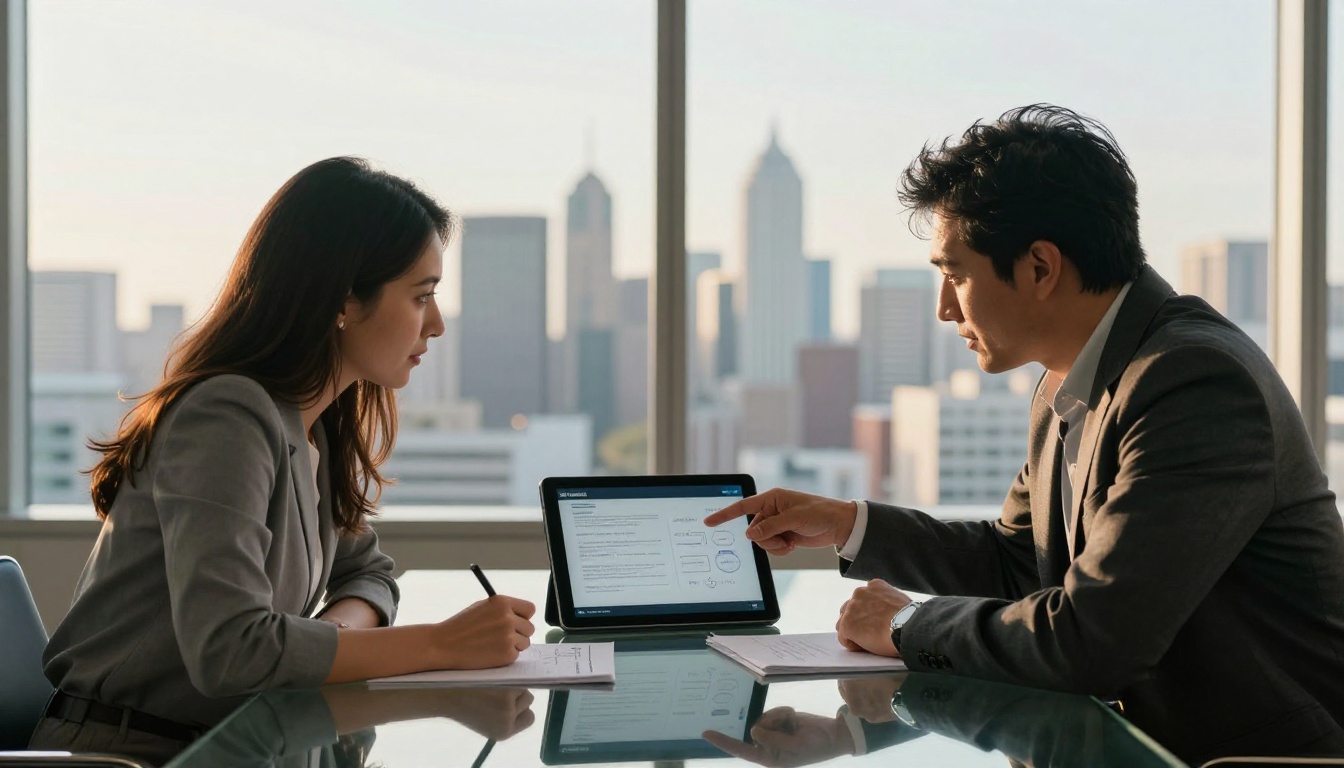 Two investors seated side by side at a glass conference table leaning toward a shared tablet displaying a digital flipbook pitch deck