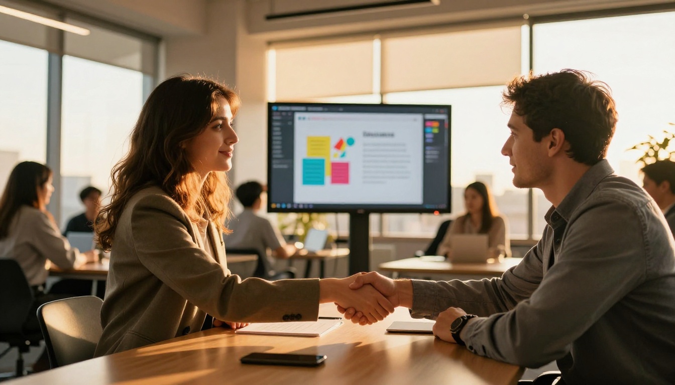 Young female startup founder shaking hands with a venture capitalist after a successful pitch, with a flipbook presentation visible on the monitor behind them