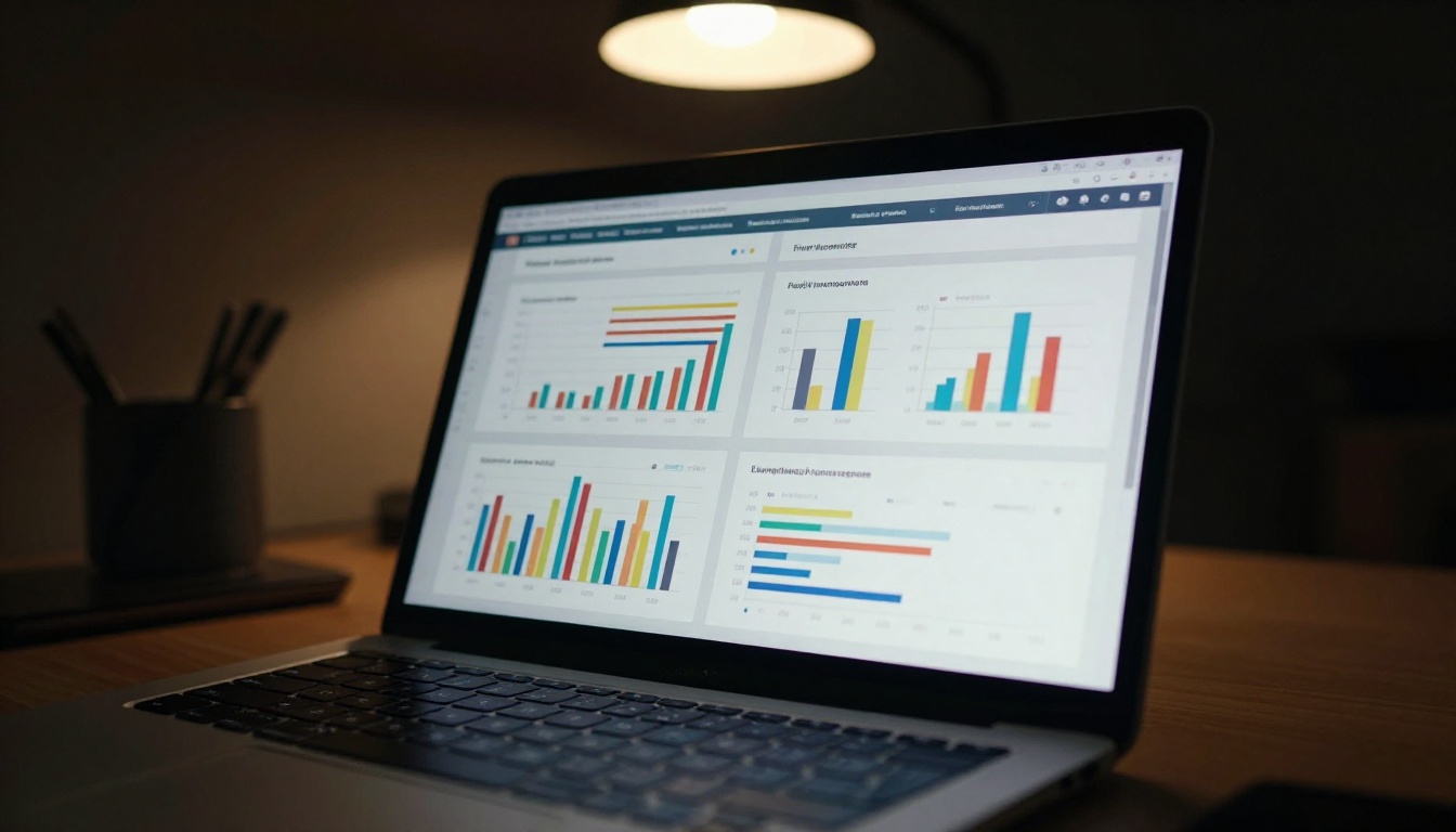 Close-up of a laptop screen in a dimly lit office showing a flipbook financial projections page with colorful bar charts and clean typography