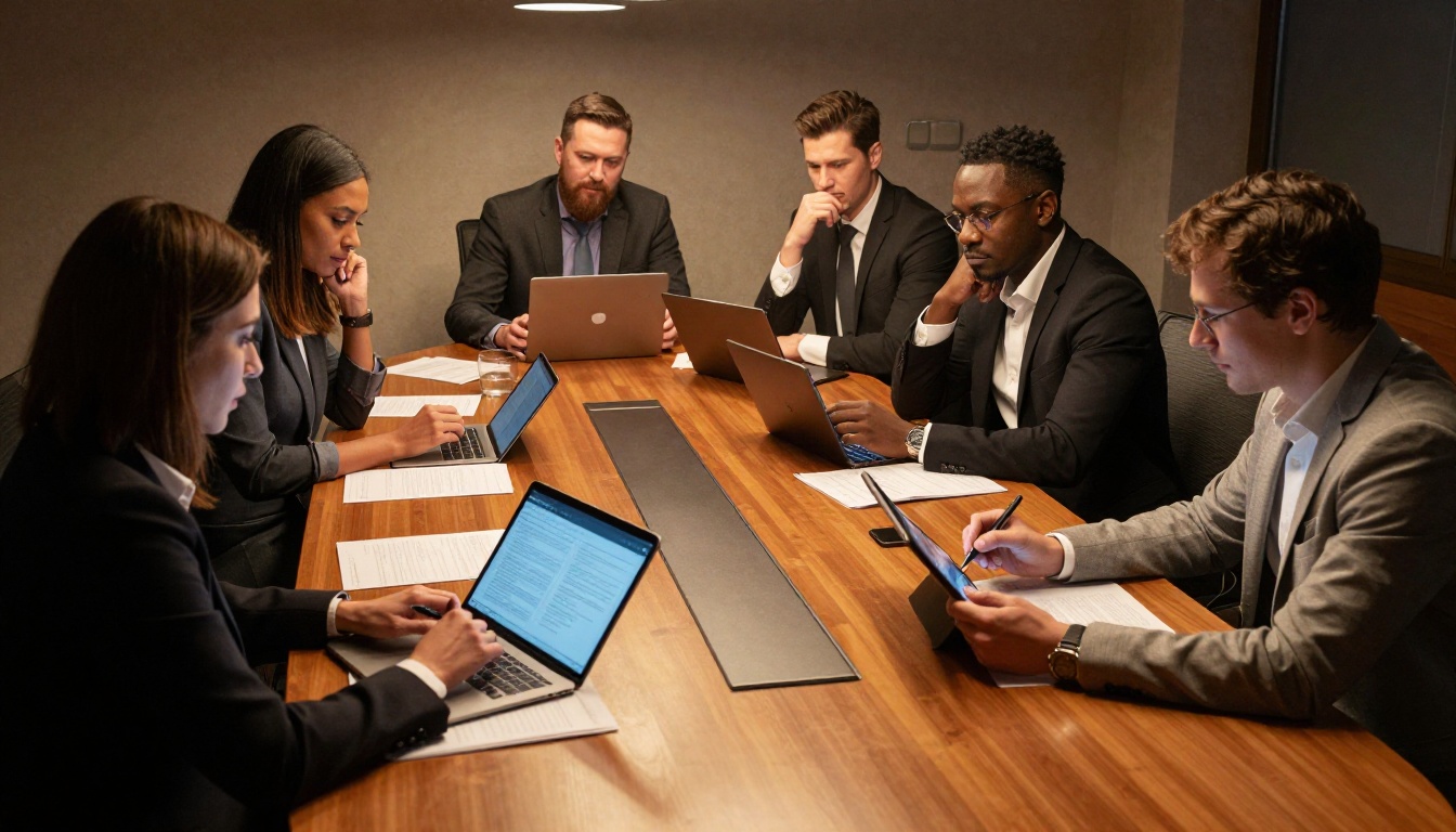 Four diverse business professionals gathered around a conference table reviewing the same digital flipbook on multiple devices