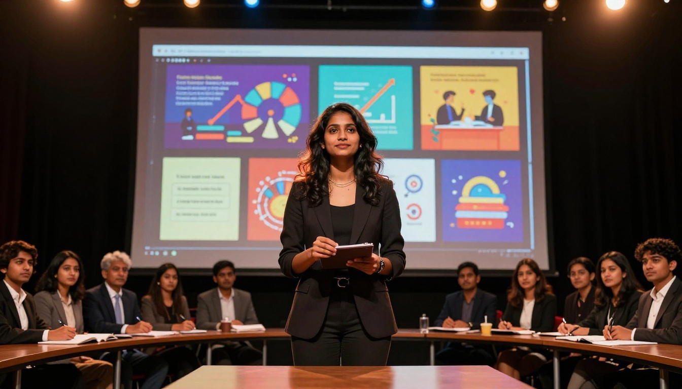 Young South Asian woman confidently presenting her startup pitch on stage with an interactive flipbook displayed on the projection screen behind her