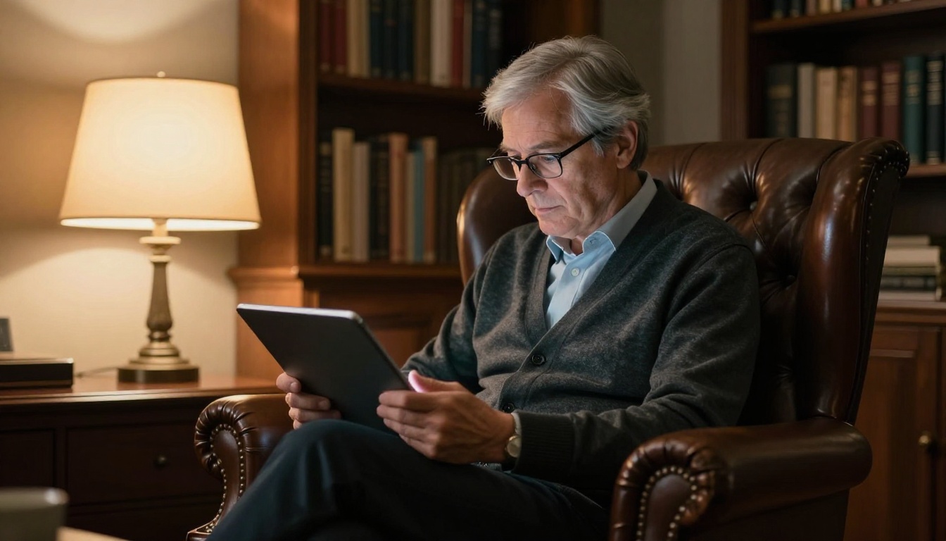 Seasoned silver-haired investor reading a digital flipbook on a tablet in a private corner office under warm lamp light