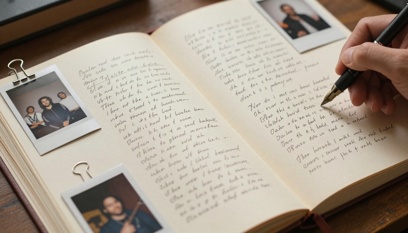 Album booklet with handwritten lyrics and Polaroid photos Album booklet with handwritten lyrics and Polaroid photos