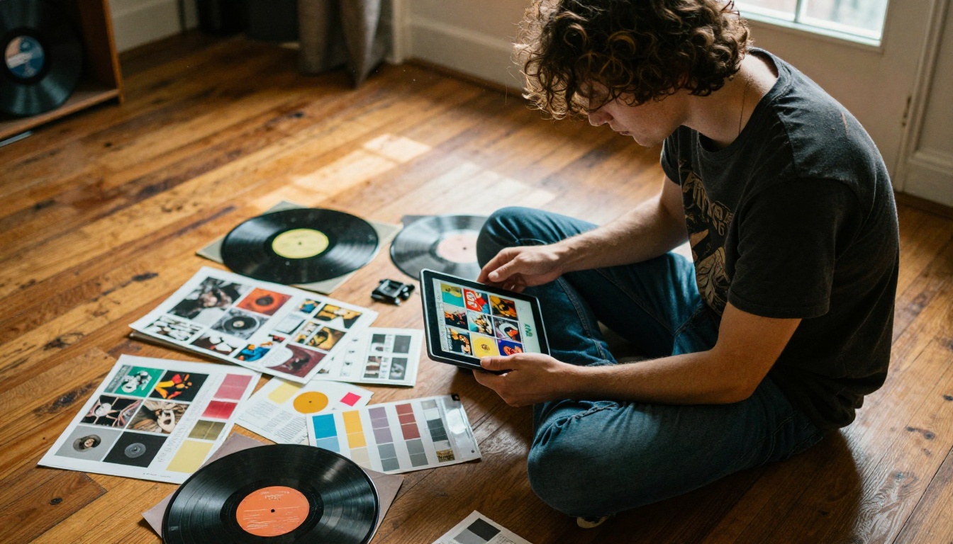 Musician reviewing album artwork on tablet surrounded by vinyl records Musician reviewing album artwork on tablet surrounded by vinyl records
