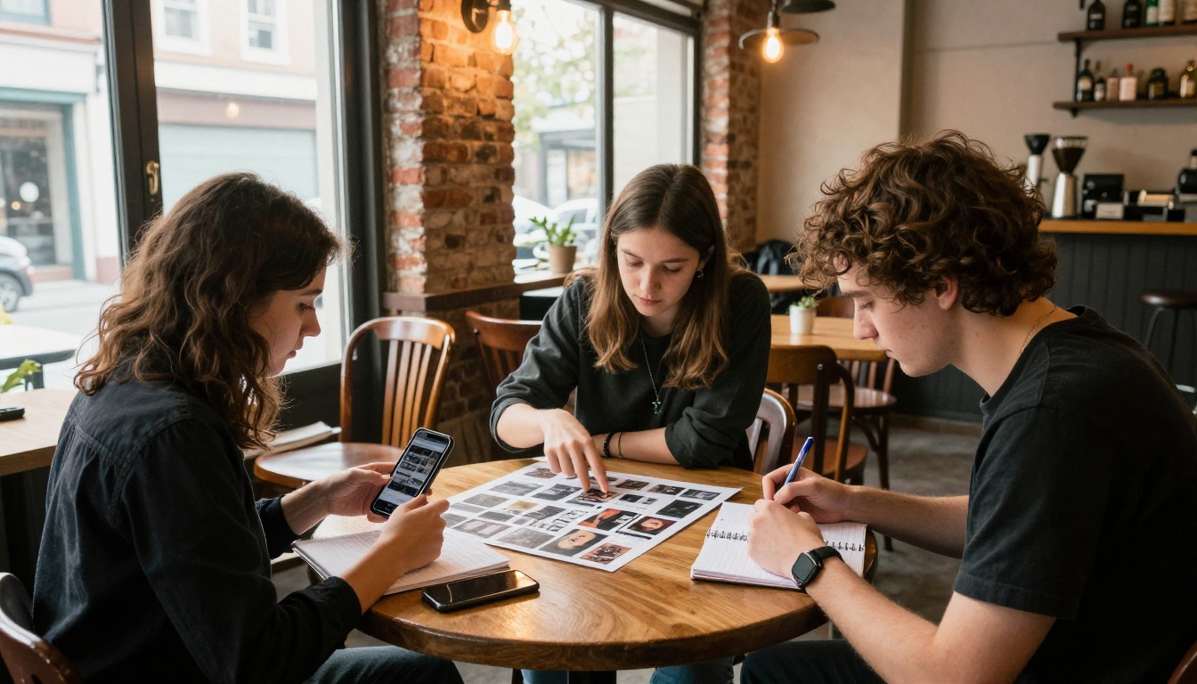 Three musicians reviewing album materials together in a coffee shop Three musicians reviewing album materials together in a coffee shop