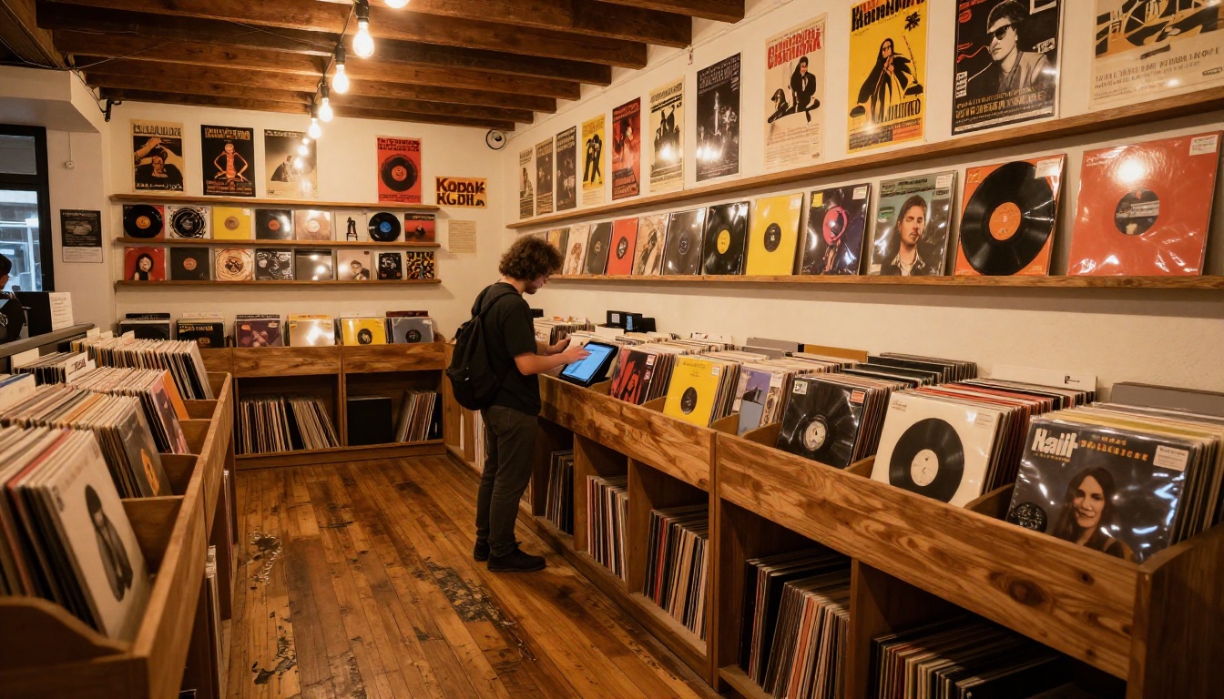 Vinyl record store with fan browsing album content on tablet Vinyl record store with fan browsing album content on tablet