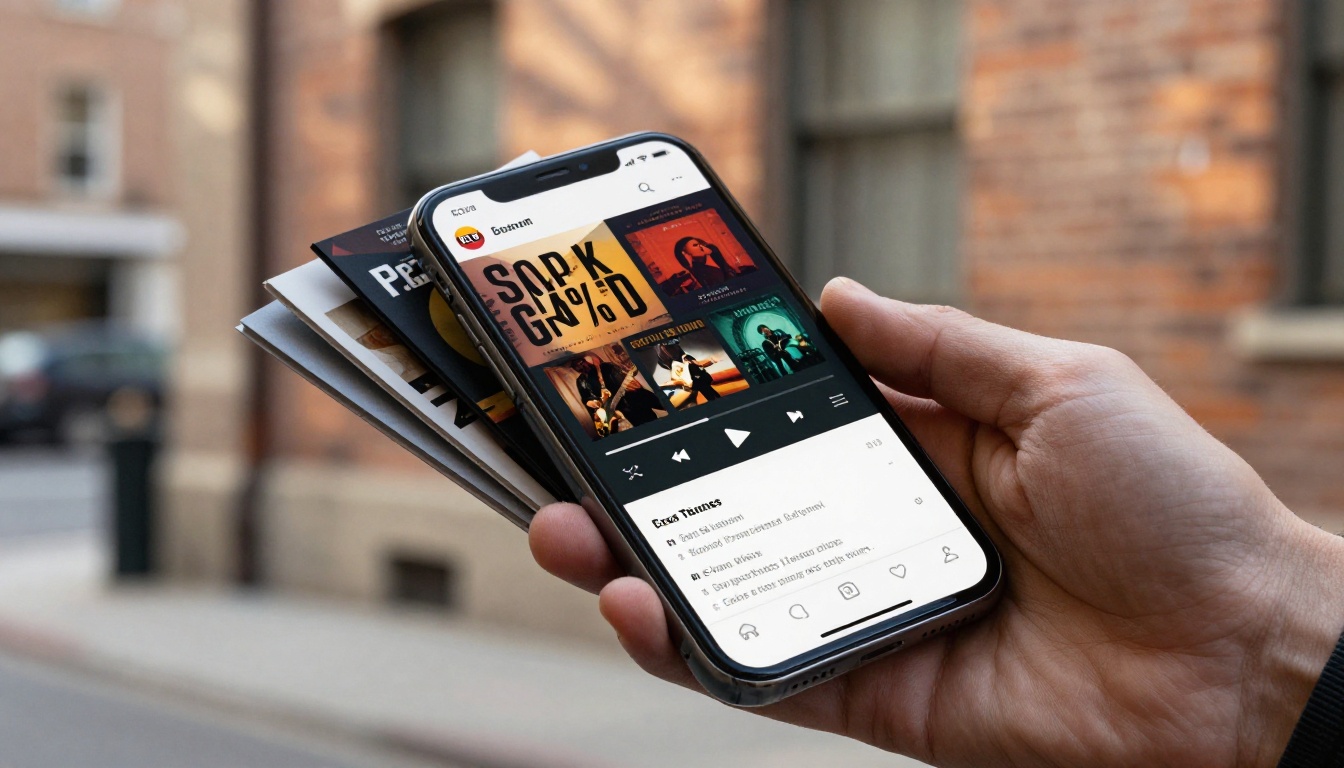 Smartphone displaying music album flipbook with bold typography Smartphone displaying music album flipbook with bold typography