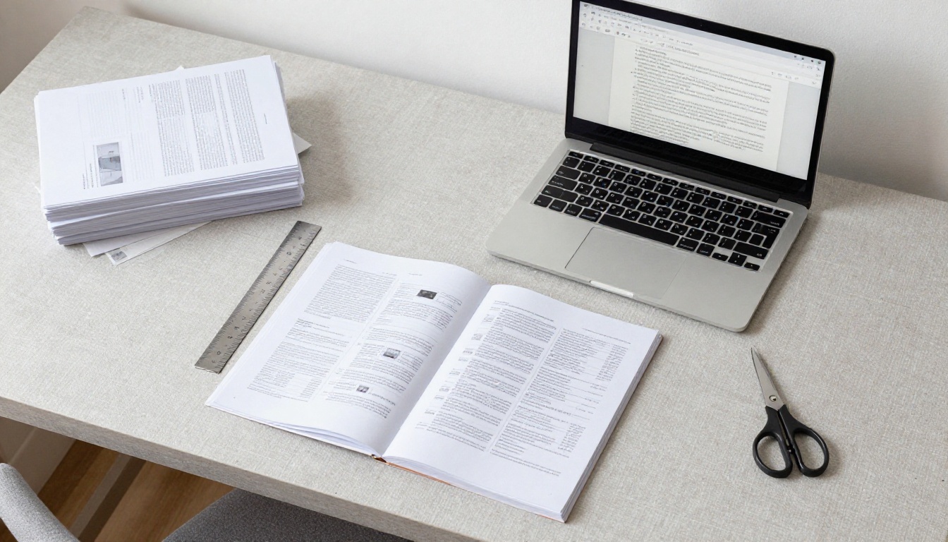 Flat lay of a home office desk with an open laptop showing a PDF ready for print, printed page stack, scissors, ruler, and stapler on gray linen surface, overhead RAW 8K photography