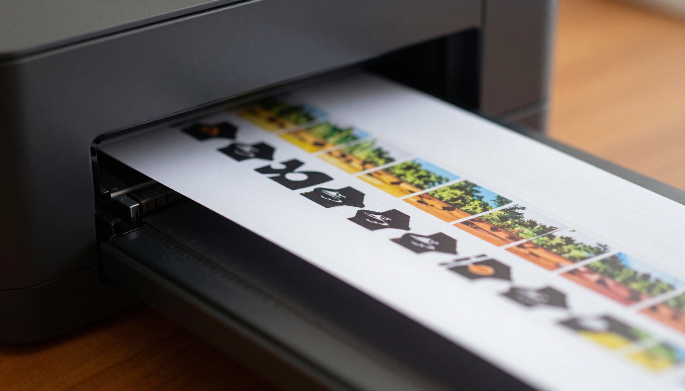 Close-up of a home inkjet printer with paper emerging from the output slot, crisp printed animation frames visible on the page, warm office light, Kodak Portra 400, RAW 8K photography
