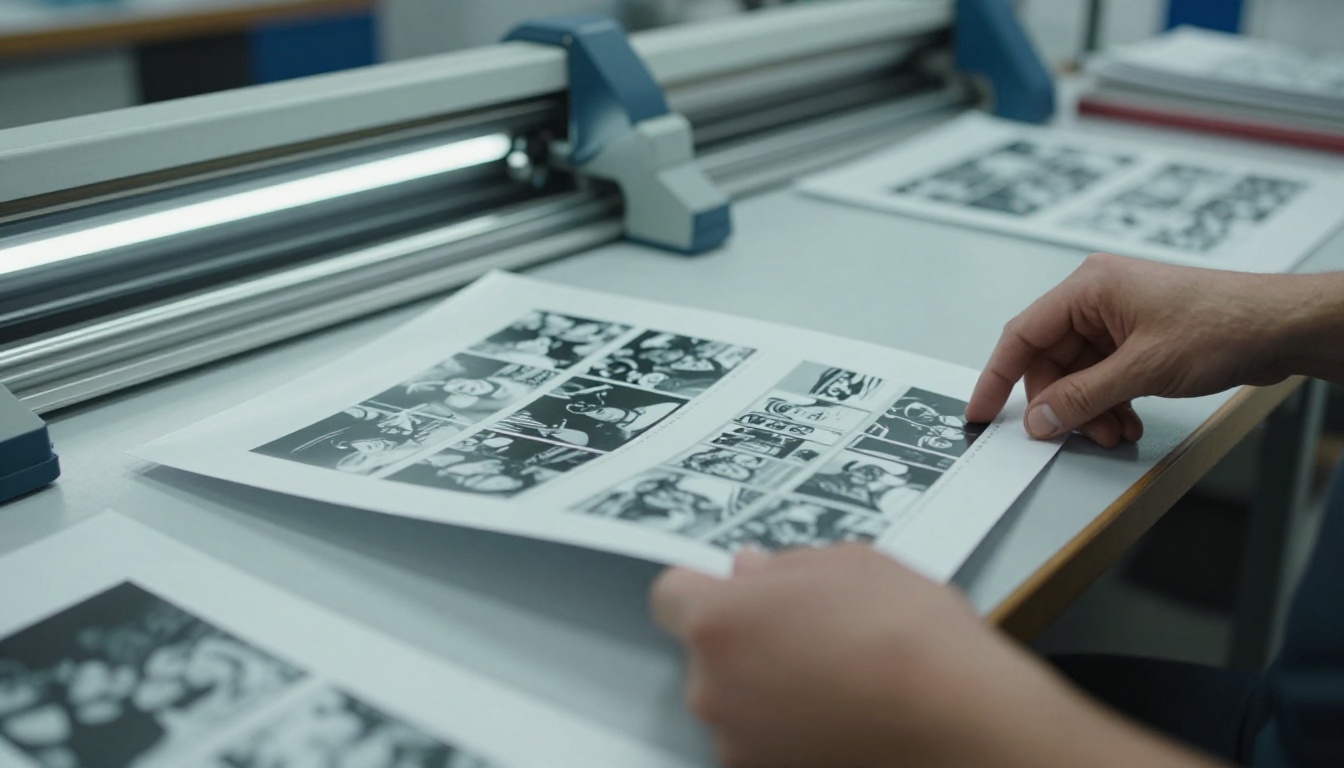 Worker at a professional print shop counter sorting printed flipbook pages under fluorescent light, low-angle shot, Kodak Portra 400, RAW 8K photography