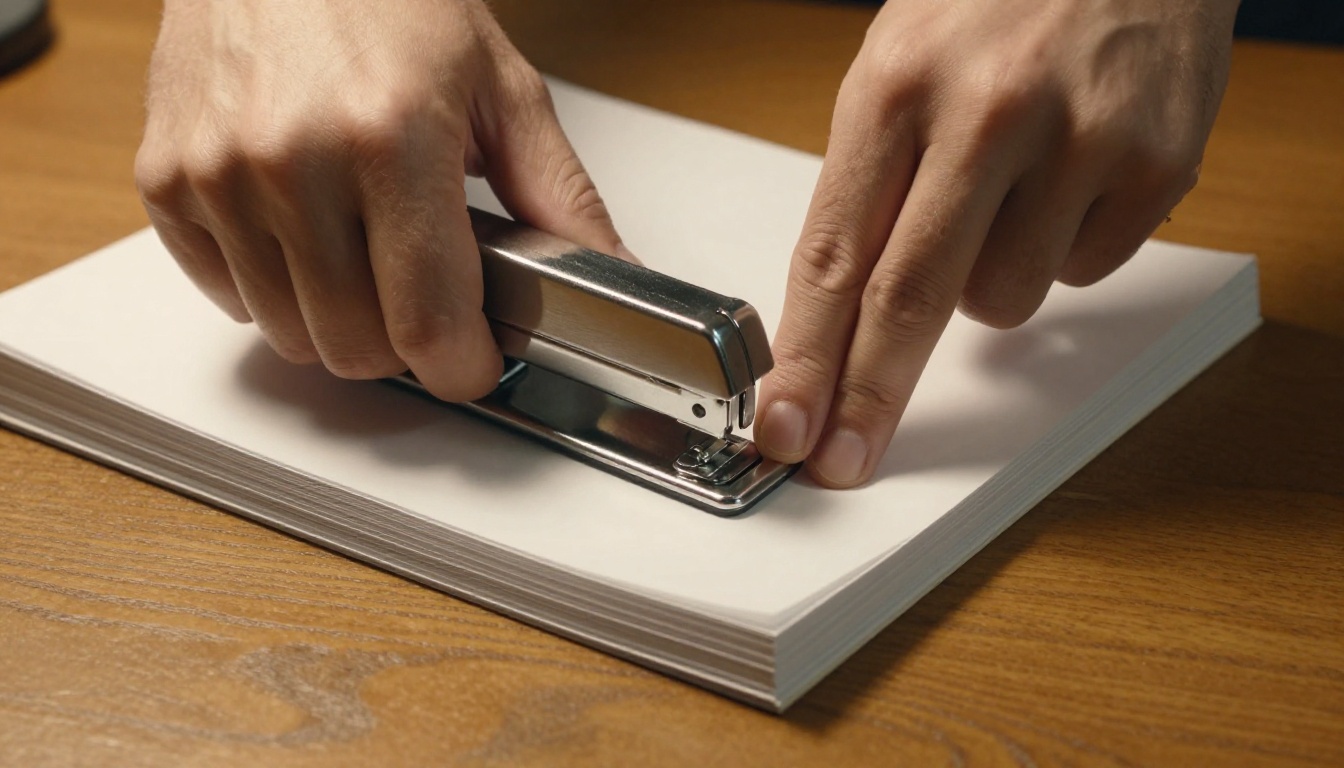Hands pressing a corner stapler onto a thick stack of flipbook pages on an oak desk, warm desk lamp light from upper left, shallow depth of field, Kodak Portra 400, RAW 8K photography