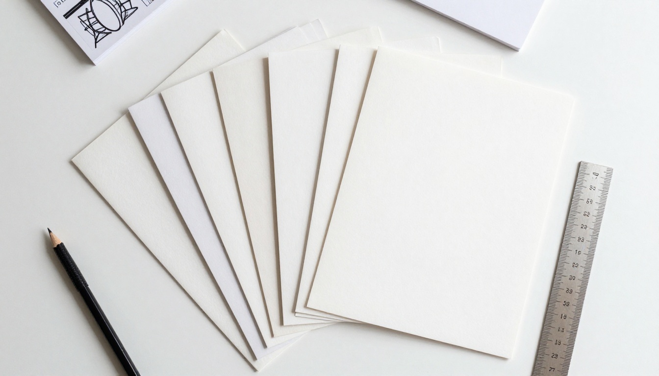 Various paper weight samples fanned out on a white desk with a printed flipbook and ruler, soft natural window light, Kodak Portra 400, RAW 8K photography