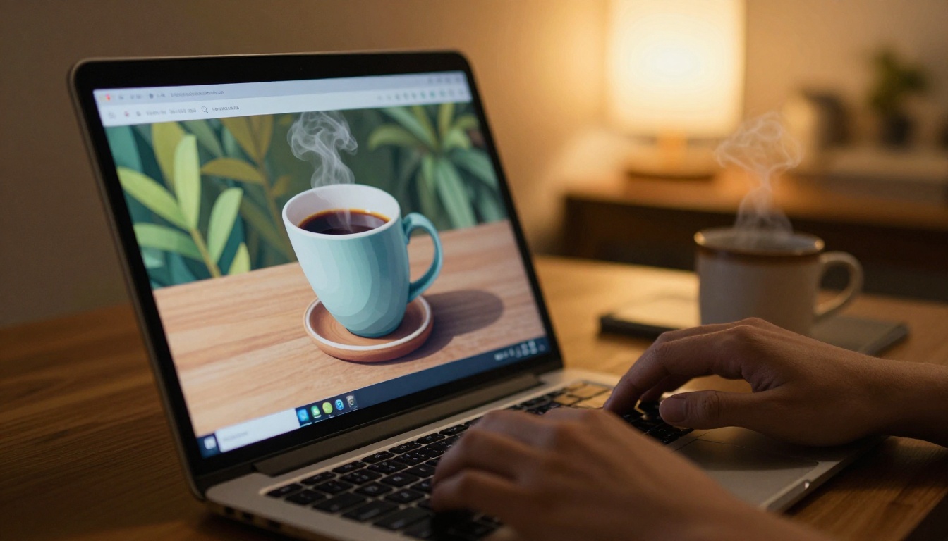 Laptop screen showing a colorful interactive digital flipbook interface with page-turn animation visible, coffee mug on the desk, warm evening light, Canon 50mm, Kodak Portra 400, RAW 8K photography