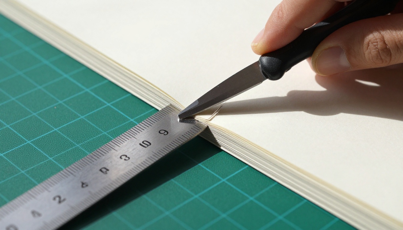 Printed flipbook pages being trimmed with a craft knife and metal ruler on a green self-healing cutting mat, afternoon sunlight from upper right, Canon 100mm macro, Kodak Portra 400, RAW 8K photography