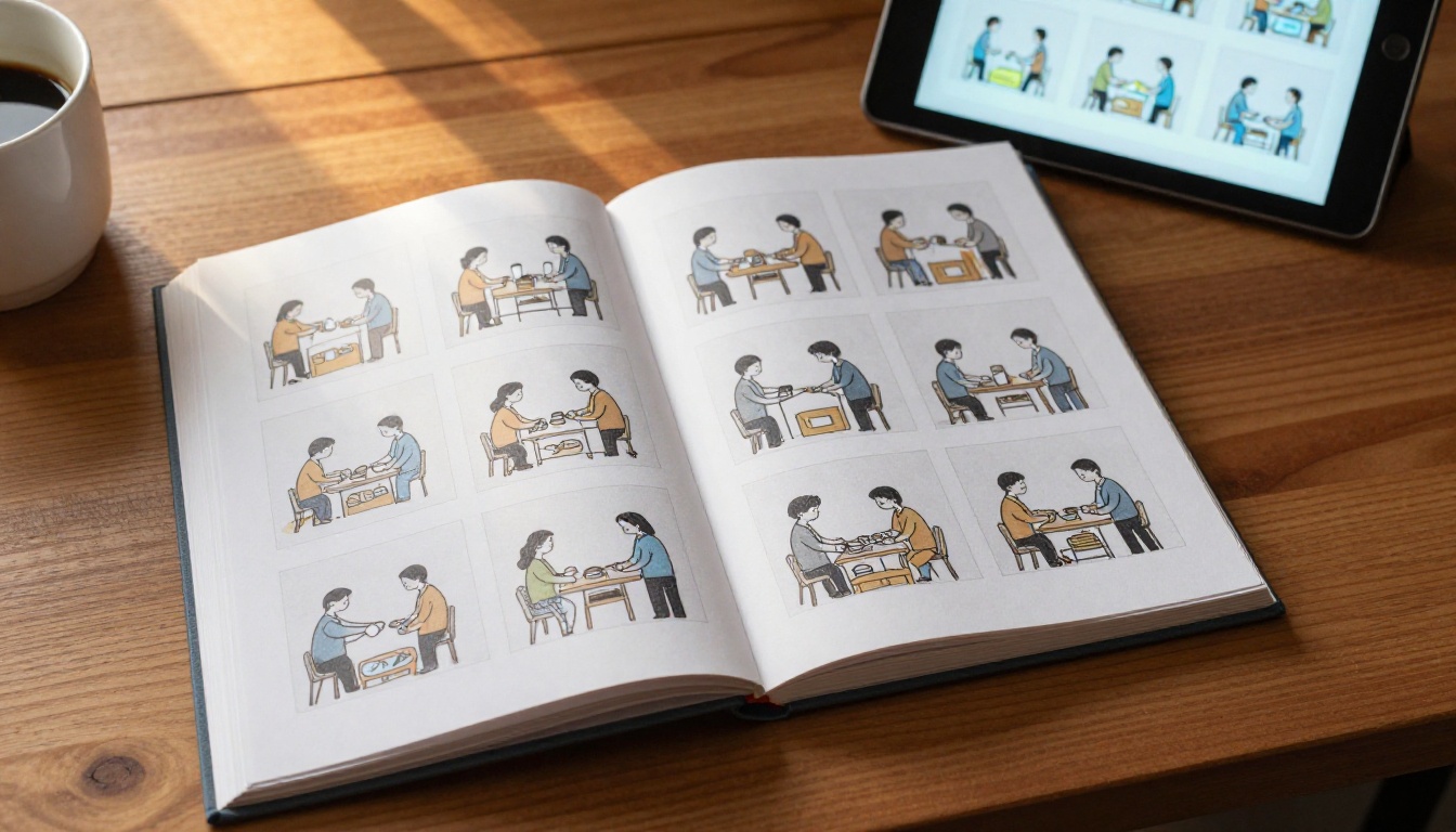 Completed handmade flipbook open on a walnut desk showing fanned animation frames alongside a tablet displaying the digital version, morning golden light, overhead shot, Kodak Portra 400, RAW 8K photography