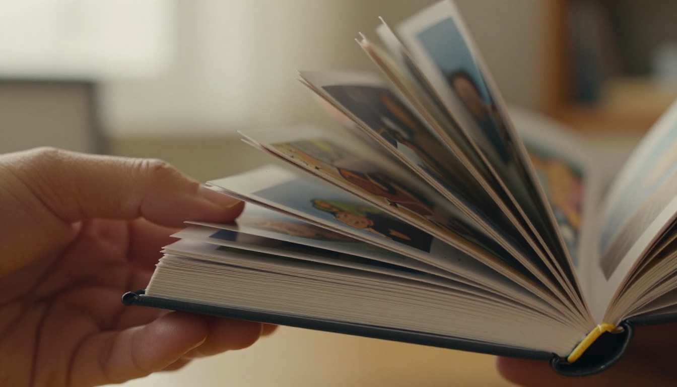 Person's thumb flipping through a finished bound flipbook in mid-flip motion blur, warm studio window light from the right, blurred home office background, Canon 85mm f/1.4, Kodak Portra 400, RAW 8K photography