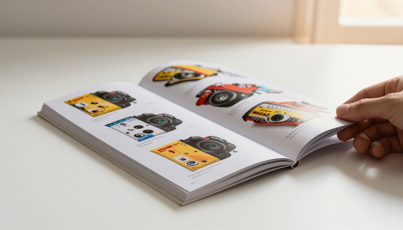 Marketing brochure with realistic page curl effect on desk Marketing brochure with realistic page curl effect on desk