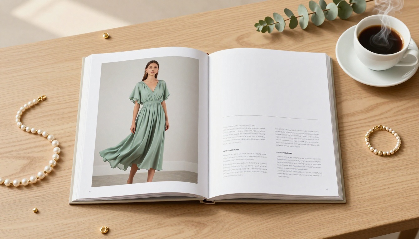 Fashion lookbook open on coffee table with gold accessories and espresso