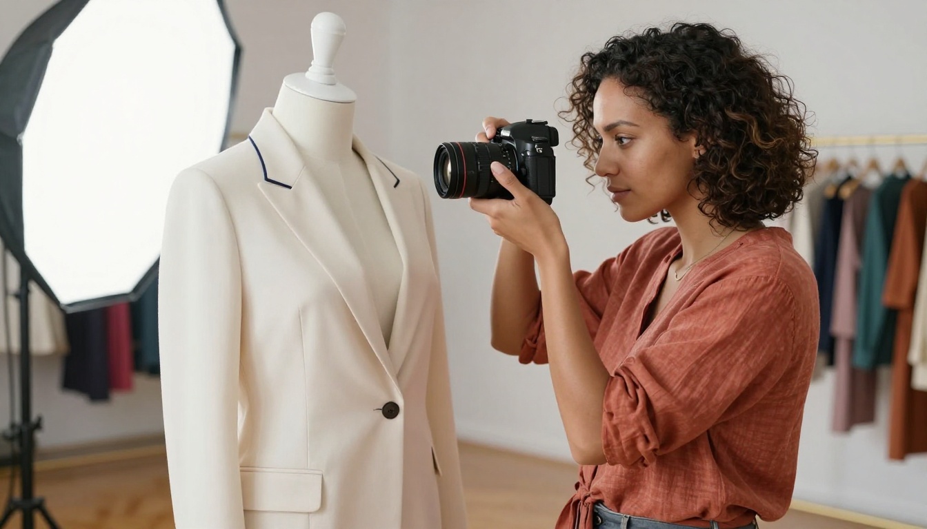 Boutique owner photographing garments on mannequin in bright studio