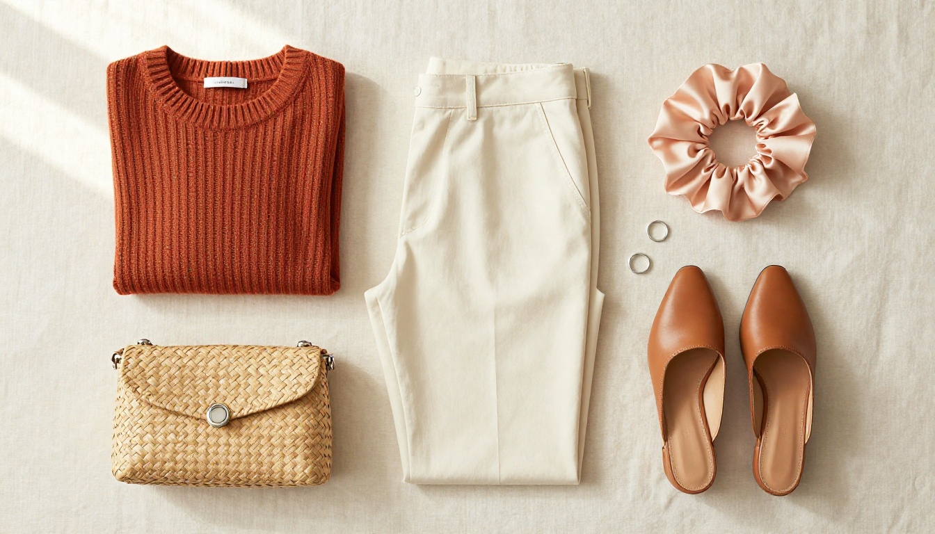 Boutique flat lay photography with knit sweater, trousers, and accessories on linen