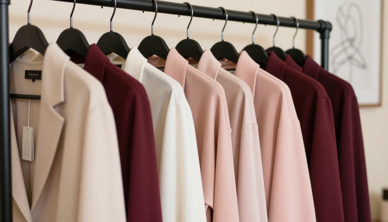 Boutique clothing rack with garments arranged in chromatic gradient from ivory to burgundy
