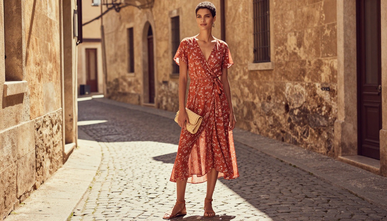 Editorial fashion model in flowing terracotta dress posing in warm cobblestone alleyway