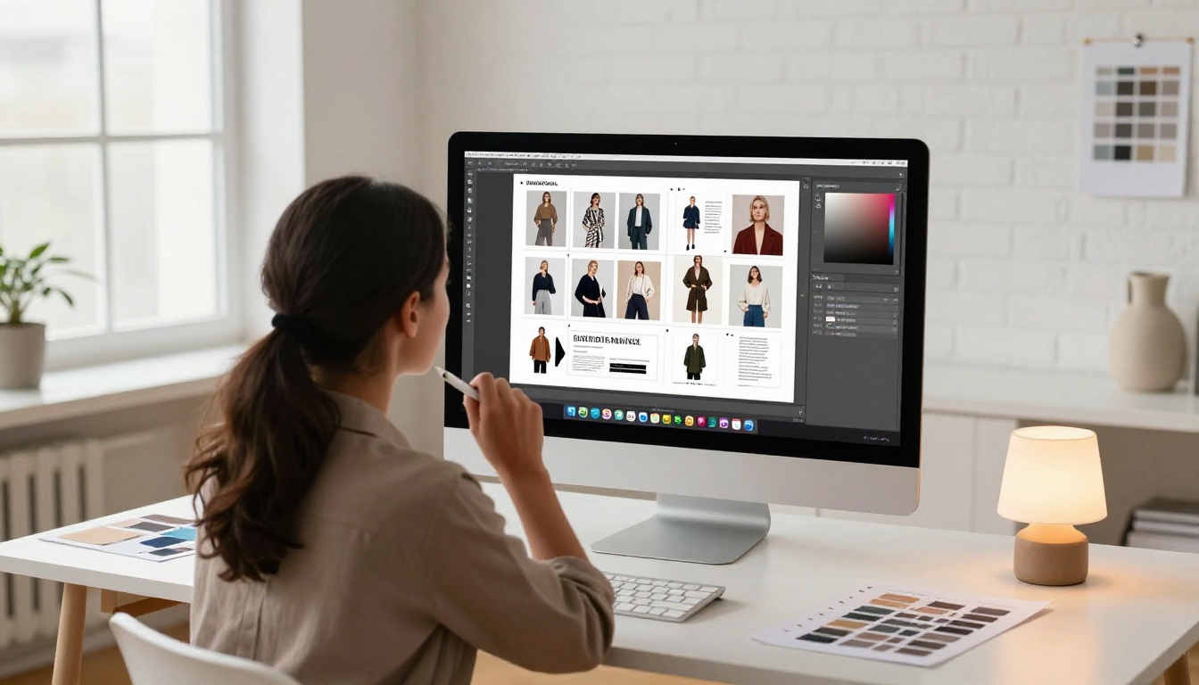 Graphic designer creating fashion lookbook layout on iMac in bright studio with mood board