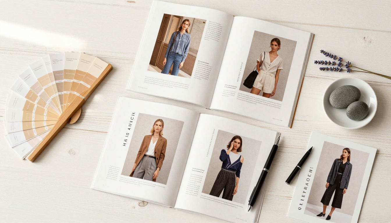 Multiple printed lookbook spreads fanned on wooden desk with Pantone fan deck and dried lavender