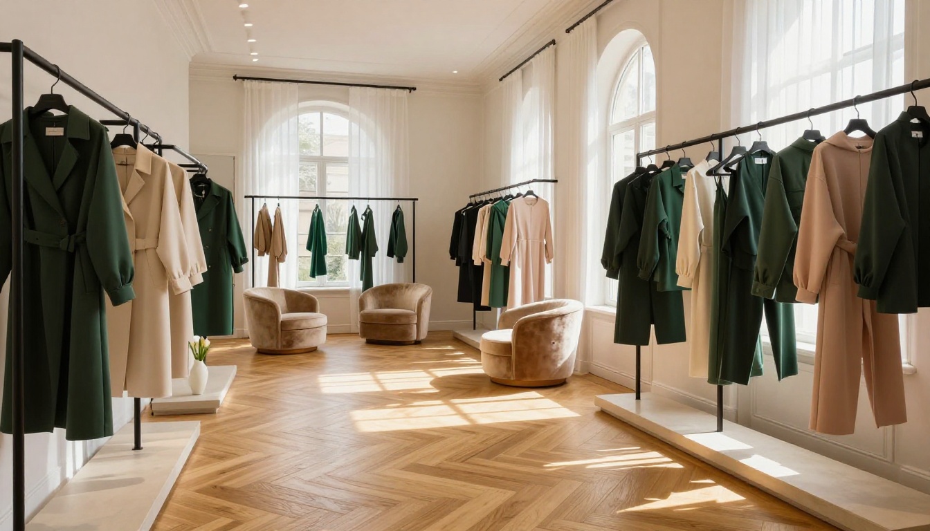High-end fashion boutique interior with arched windows, herringbone parquet floors, and curated clothing racks