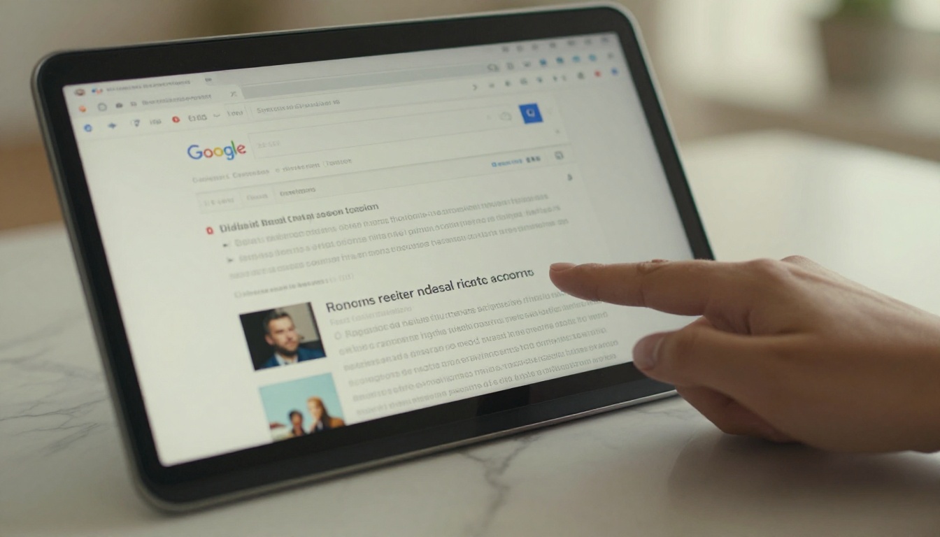 A laptop screen showing a Google search results page with a digital flipbook article ranking in the first position