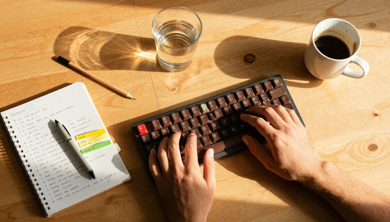 Aerial flat-lay of hands typing on a keyboard with keyword research notes and sticky notes on a birch wood desk