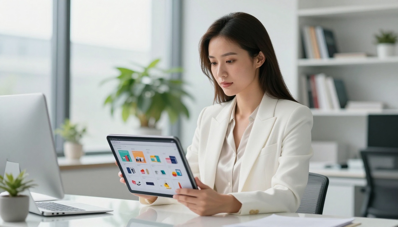 A professional woman reviewing a digital flipbook on a tablet in a modern office with natural afternoon daylight