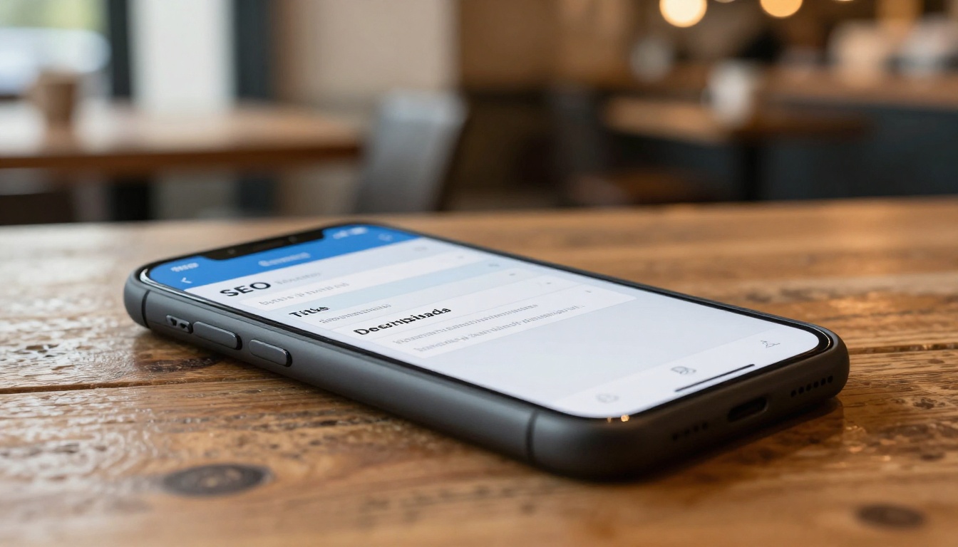 A smartphone screen showing an SEO metadata form with title and description fields on a rustic wooden table in a warm cafe setting