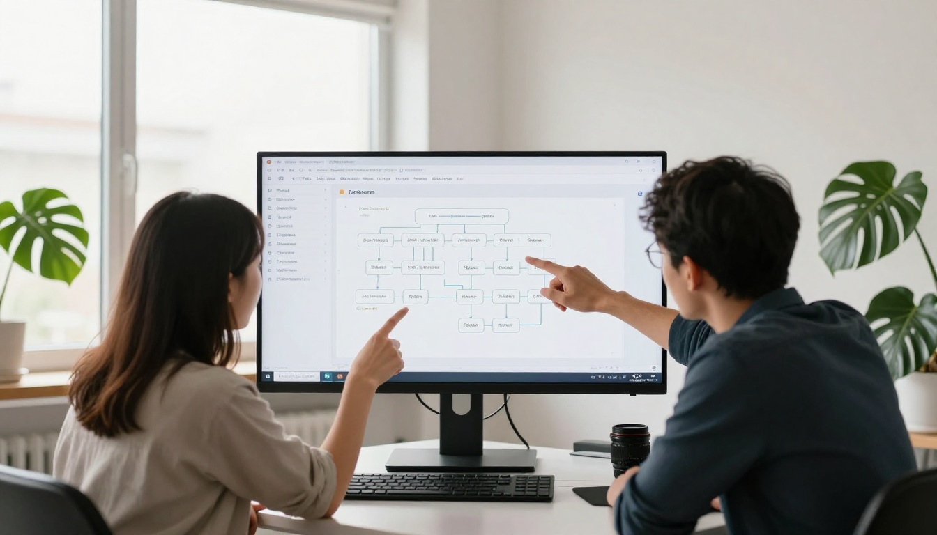 Two professionals collaborating at a monitor showing URL structure and site architecture diagrams in a bright minimal office