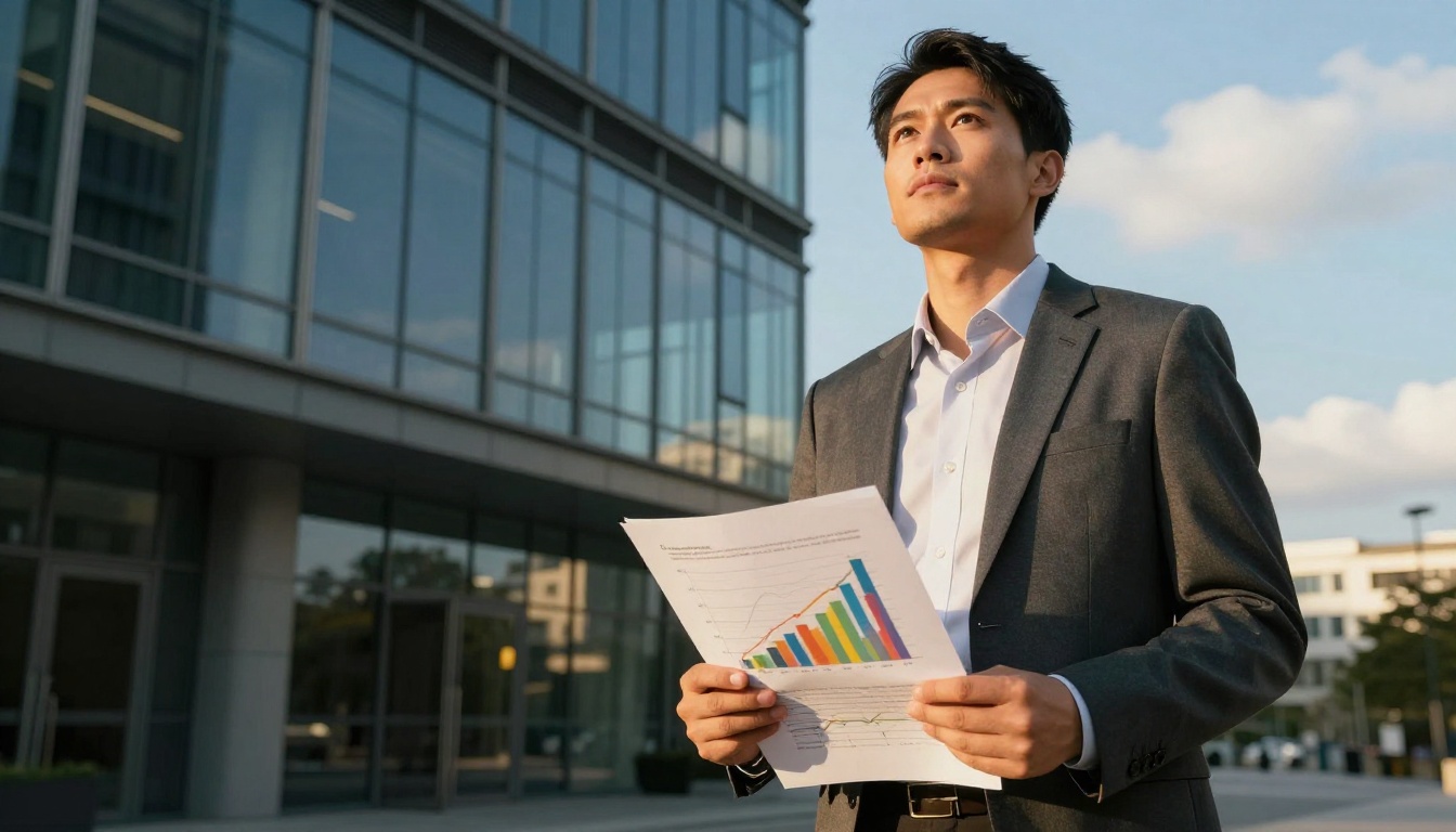 A confident professional man holding an analytics report with upward trending charts, standing outside a glass office building in golden afternoon light