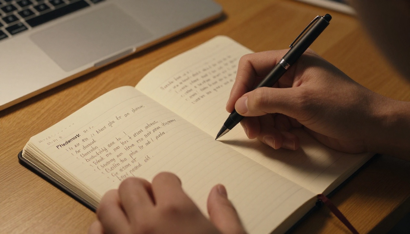 Close-up of hands writing alt text notes in a ruled notebook beside a laptop with an image properties panel open, warm amber desk lamp lighting