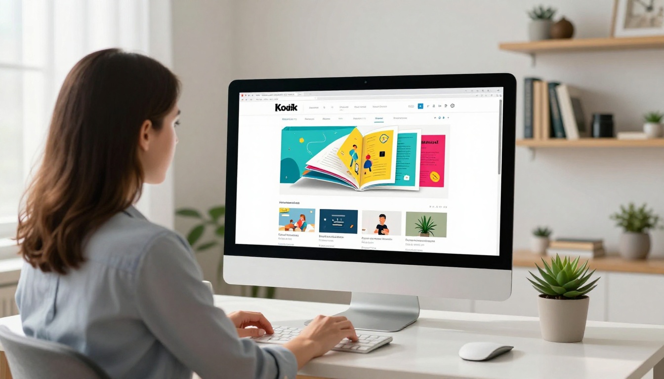 A professional woman embedding a flipbook into a website on a large iMac monitor in a minimalist home office with warm afternoon light and succulent plants