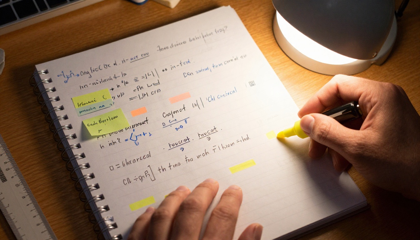 Organized lecture notes on a wooden desk with colorful highlighters and sticky notes Organized lecture notes on a wooden desk with colorful highlighters and sticky notes